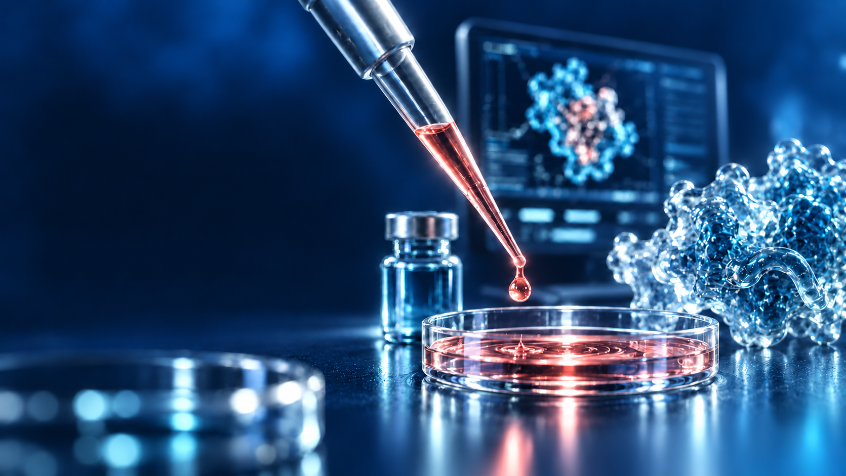 Conceptual research illustration of a pipette, a culture dish and molecular structures.